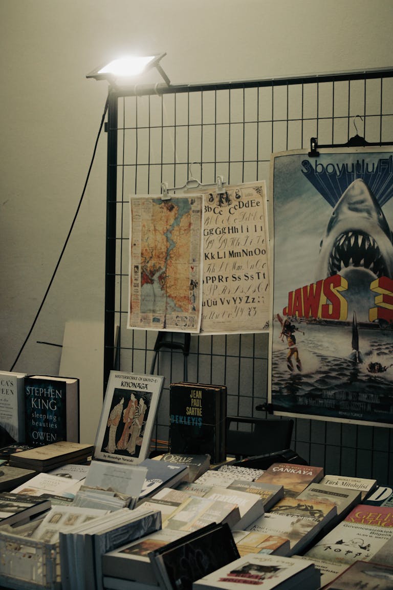 Vintage bookstore setup featuring a variety of books and classic movie posters, lit by a lamp.
